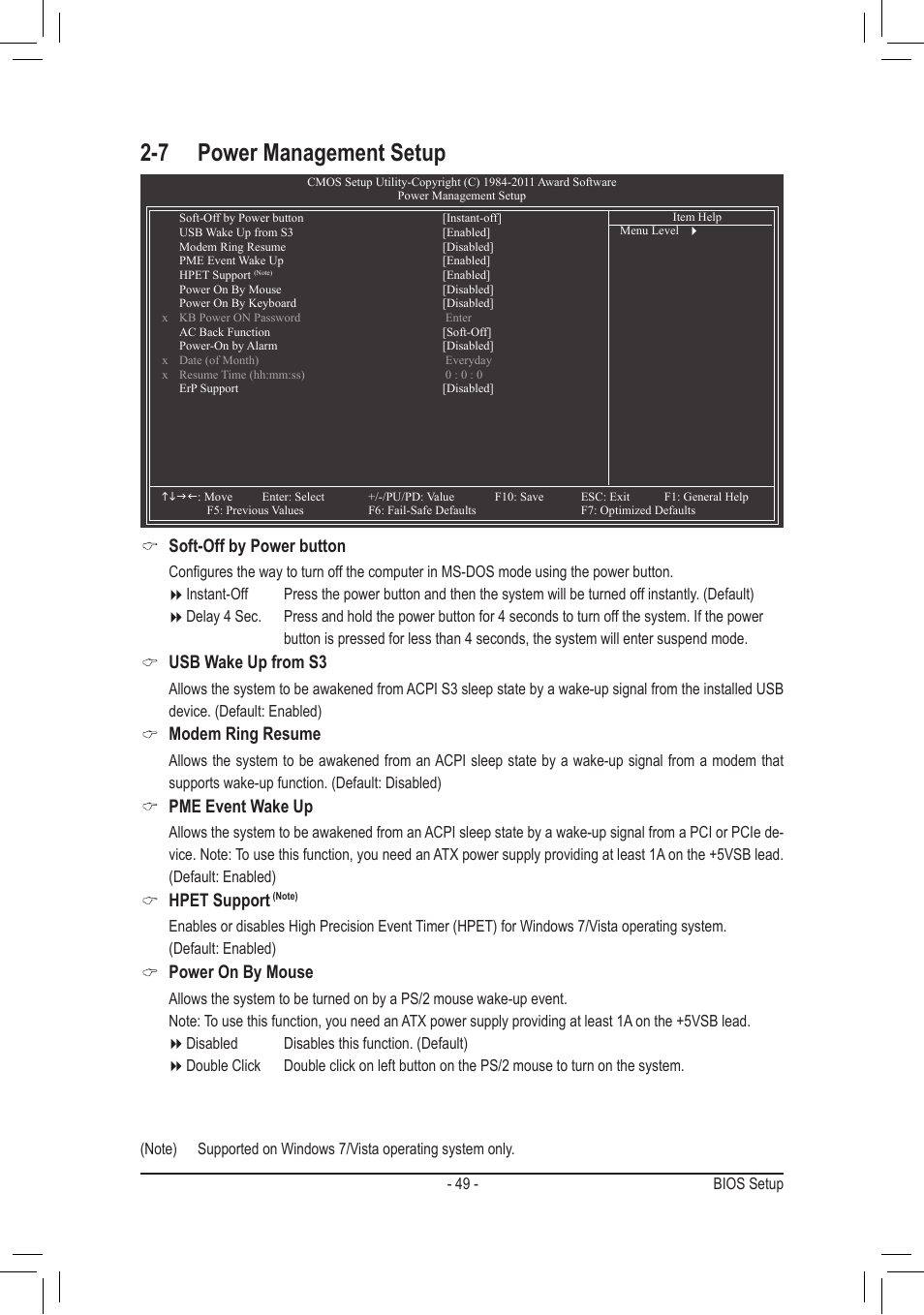 7 power management setup, Soft-off by power button, Usb wake up from s3 | Modem ring resume, Pme event wake up, Hpet support, Power on by mouse | chiliGREEN GA-A75M-UD2H User Manual | Page 49 / 96