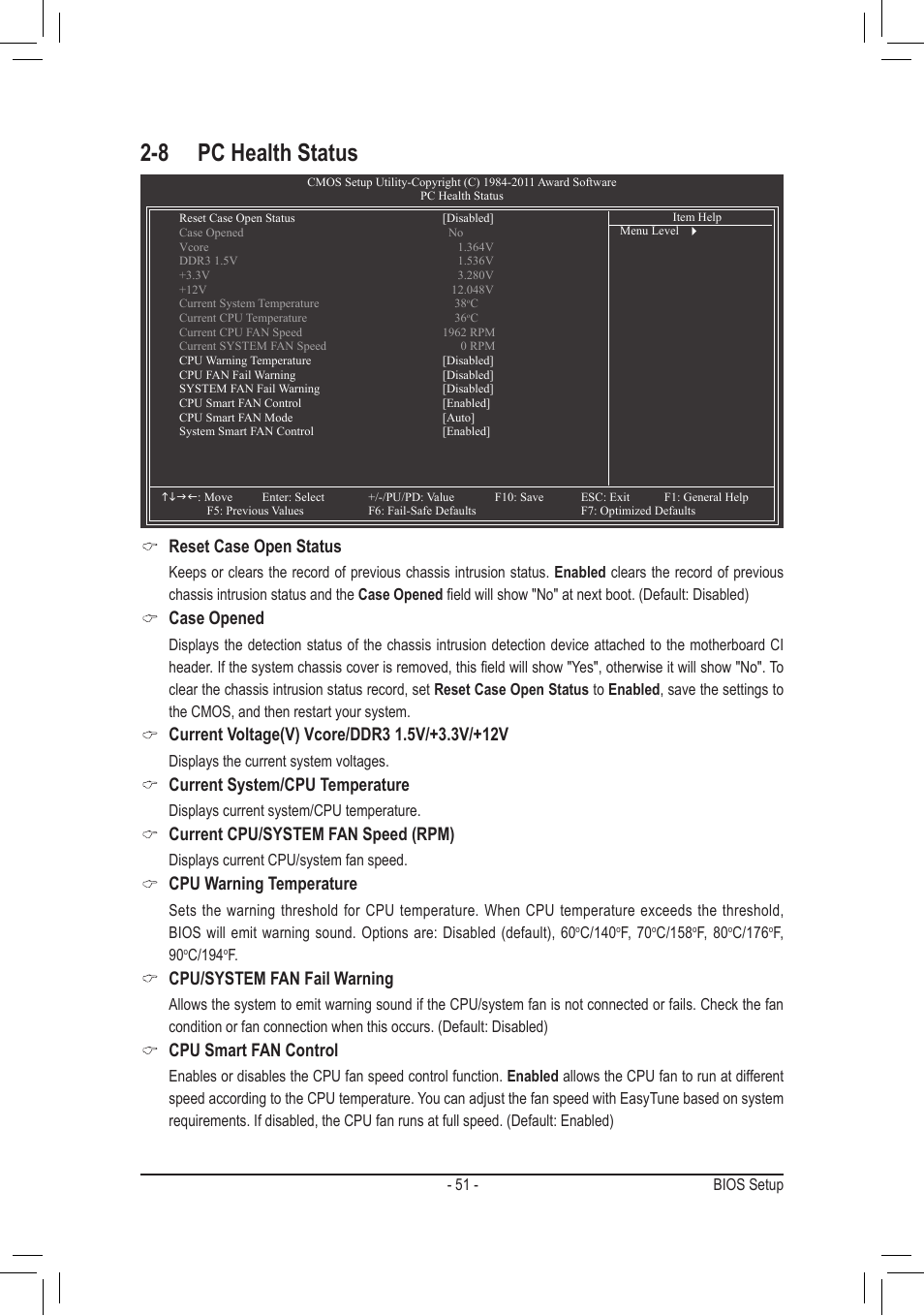 8 pc health status, Reset case open status, Case opened | Current system/cpu temperature, Current cpu/system fan speed (rpm), Cpu warning temperature, Cpu/system fan fail warning, Cpu smart fan control | chiliGREEN GA-A75M-UD2H User Manual | Page 51 / 96