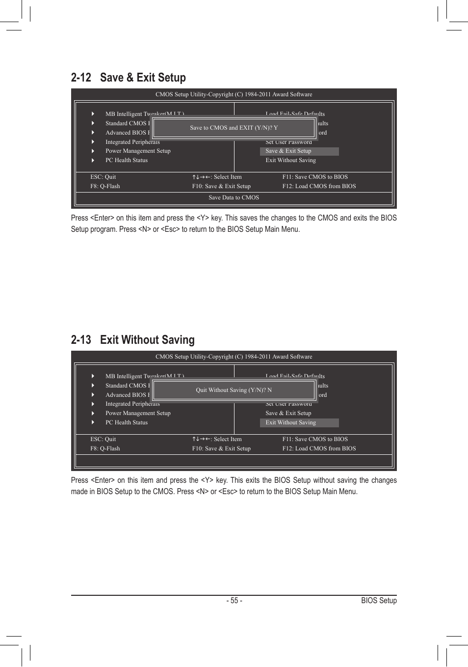 12 save & exit setup 2-13 exit without saving, 12 save & exit setup, 13 exit without saving | chiliGREEN GA-A75M-UD2H User Manual | Page 55 / 96