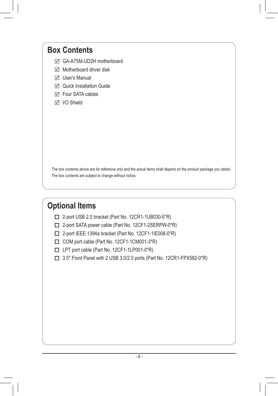 Box contents optional items, Box contents, Optional items | chiliGREEN GA-A75M-UD2H User Manual | Page 6 / 96