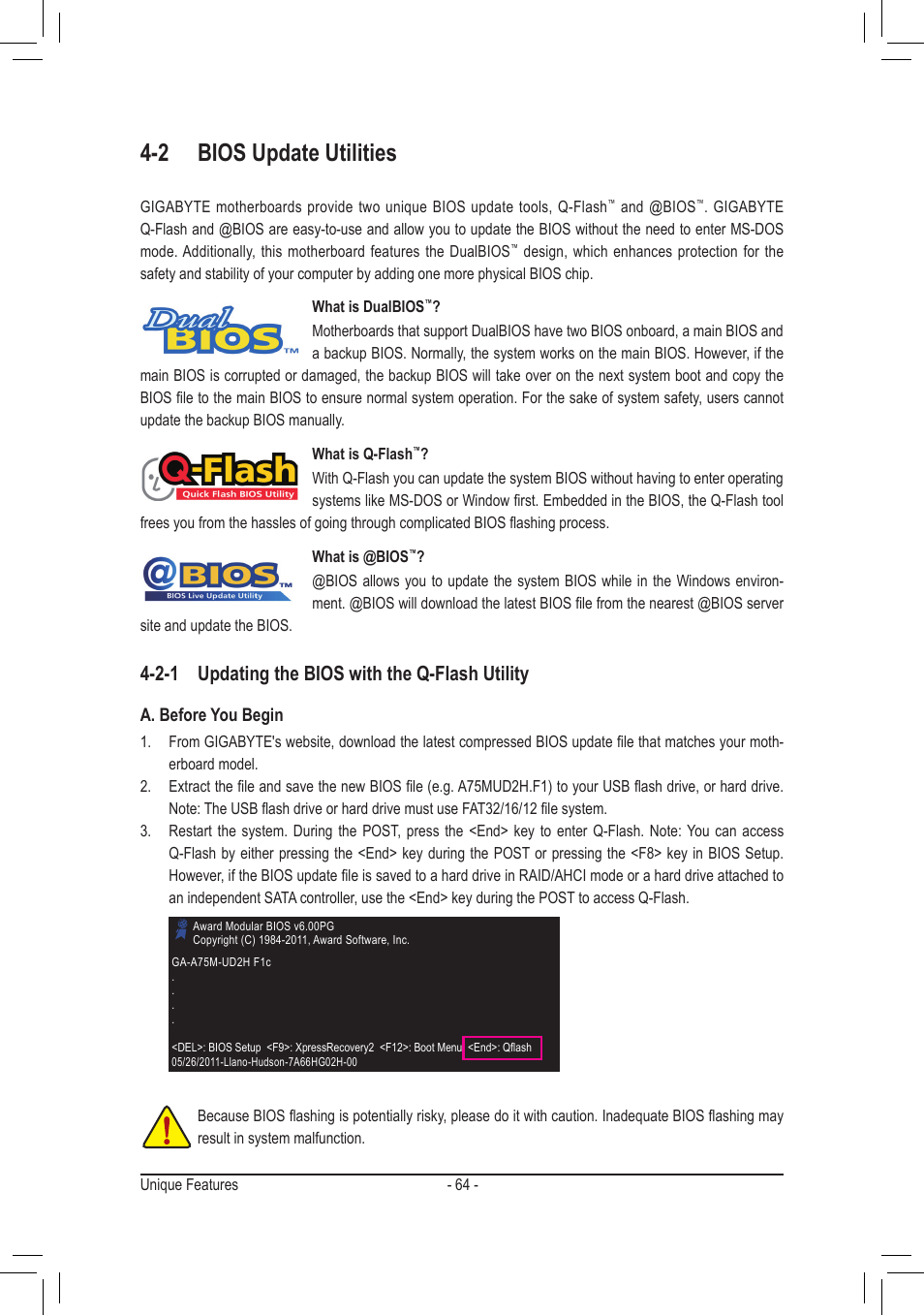 2 bios update utilities, 2-1 updating the bios with the q-flash utility | chiliGREEN GA-A75M-UD2H User Manual | Page 64 / 96