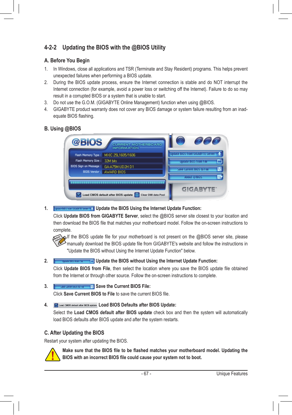 2-2 updating the bios with the @bios utility | chiliGREEN GA-A75M-UD2H User Manual | Page 67 / 96