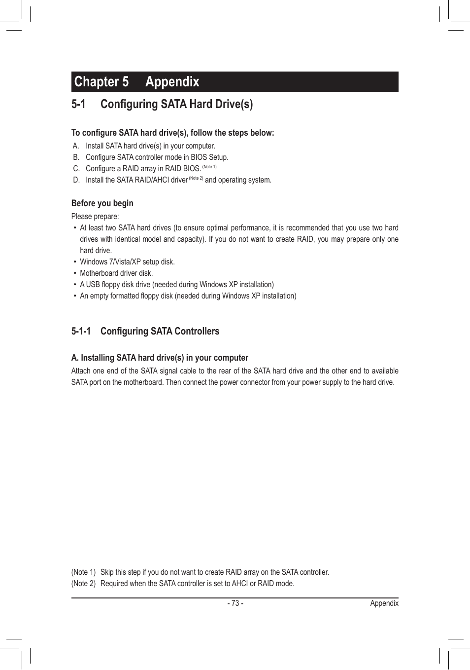 1 configuring sata hard drive(s), Chapter 5 appendix | chiliGREEN GA-A75M-UD2H User Manual | Page 73 / 96