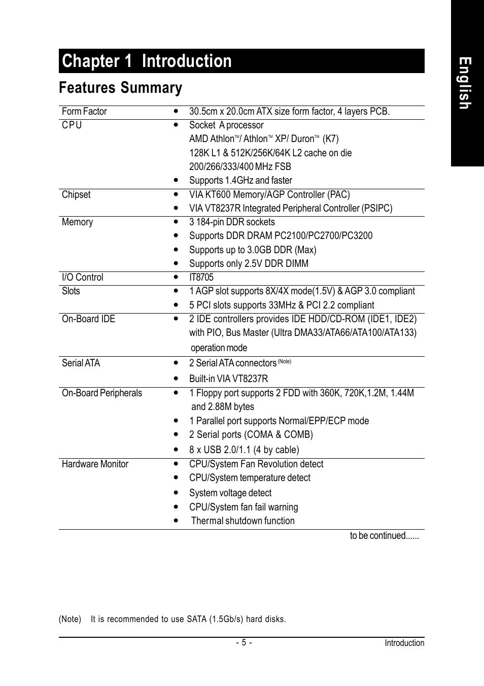 Chapter 1 introduction, English, Features summary | chiliGREEN GA-7VT600-p-l User Manual | Page 9 / 112
