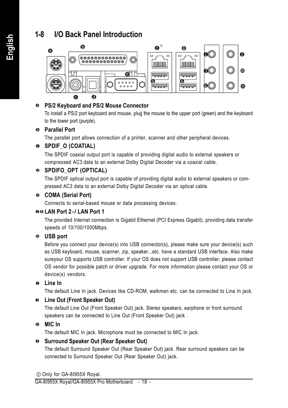 English, 8 i/o back panel introduction | chiliGREEN GA-8I955X User Manual | Page 18 / 88