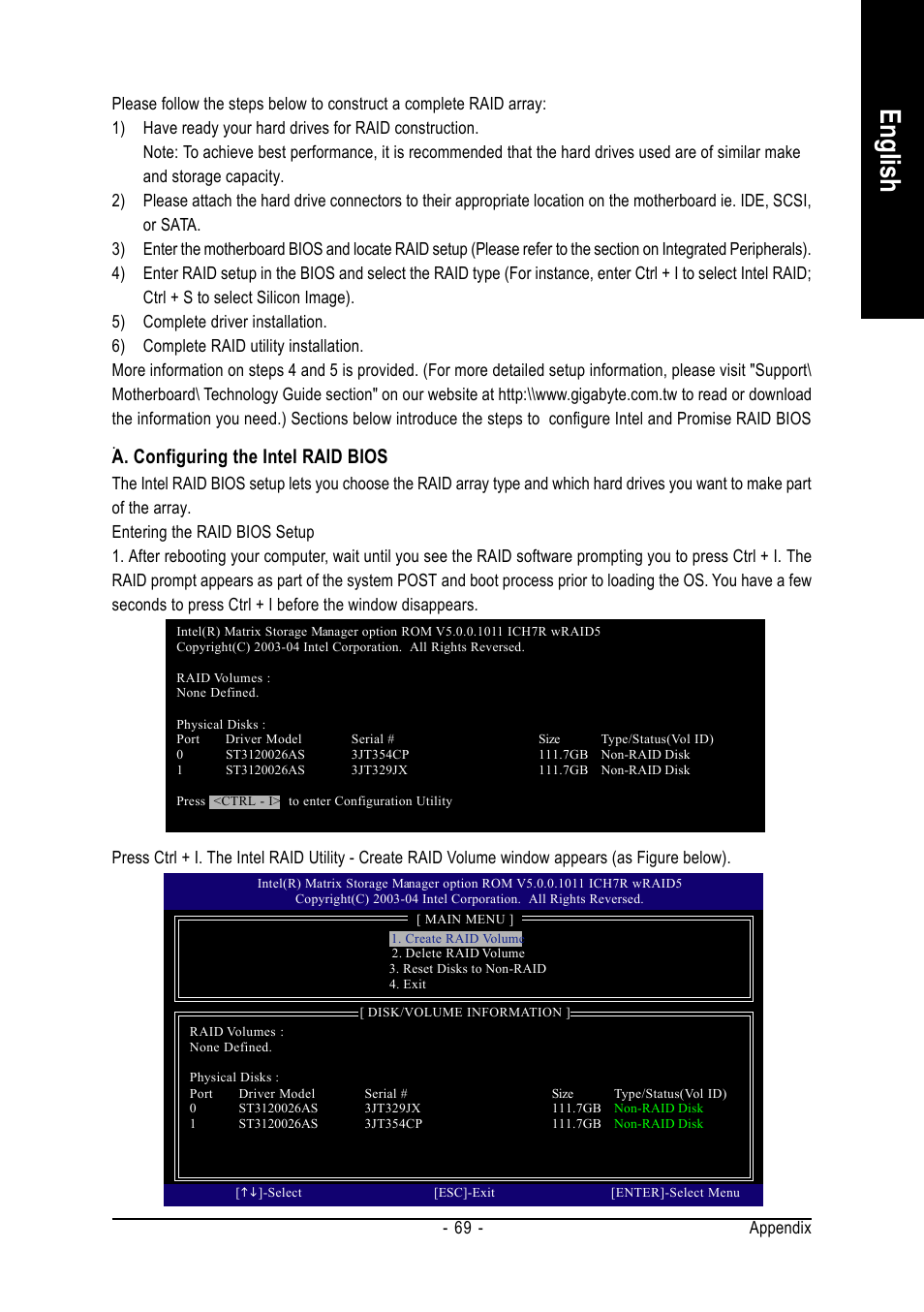 English, A. configuring the intel raid bios, Appendix - 69 | chiliGREEN GA-8I955X User Manual | Page 69 / 88