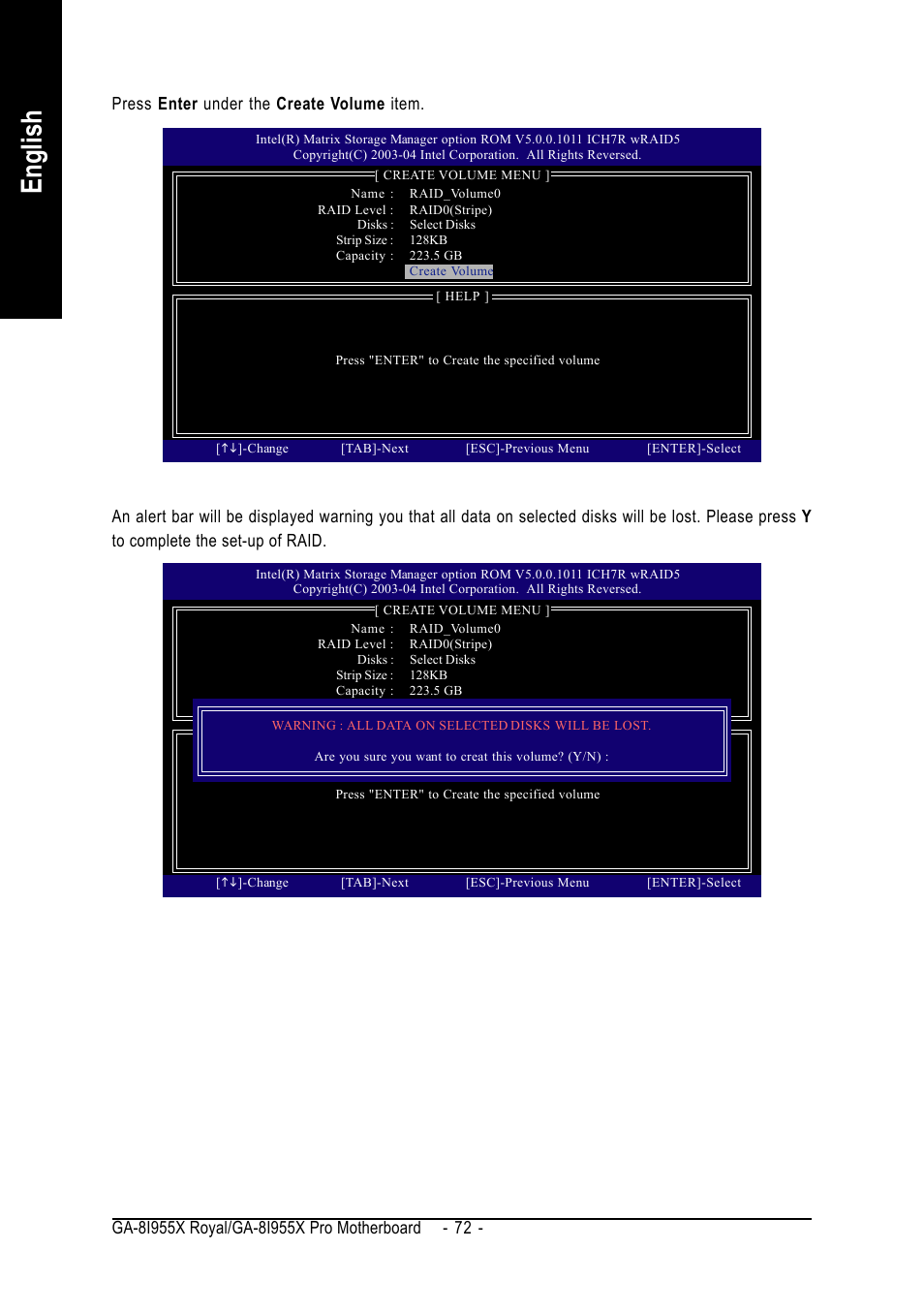 English, Press enter under the create volume item | chiliGREEN GA-8I955X User Manual | Page 72 / 88