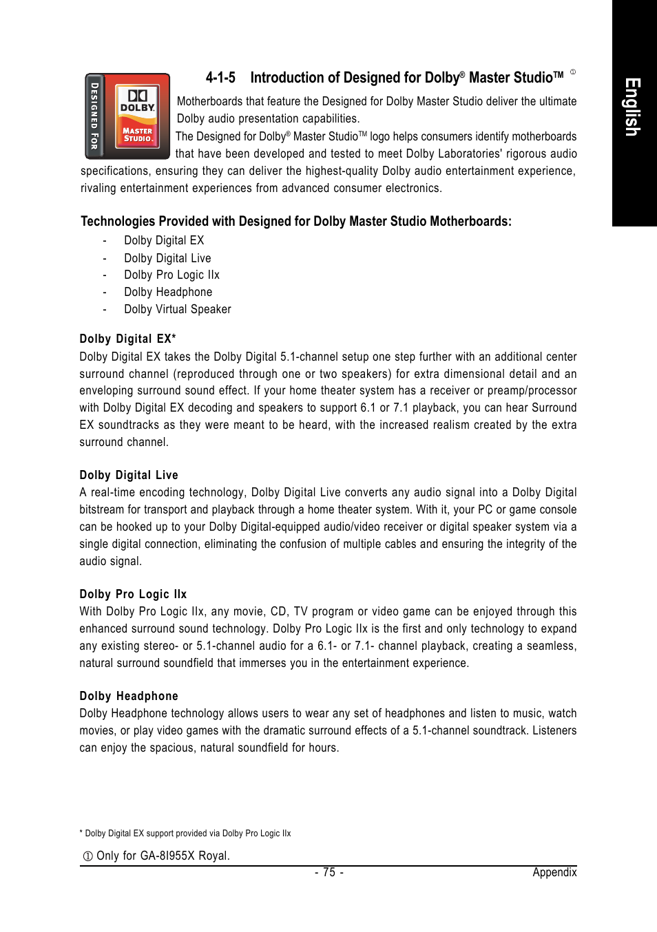 English, 1-5 introduction of designed for dolby, Master studio | chiliGREEN GA-8I955X User Manual | Page 75 / 88