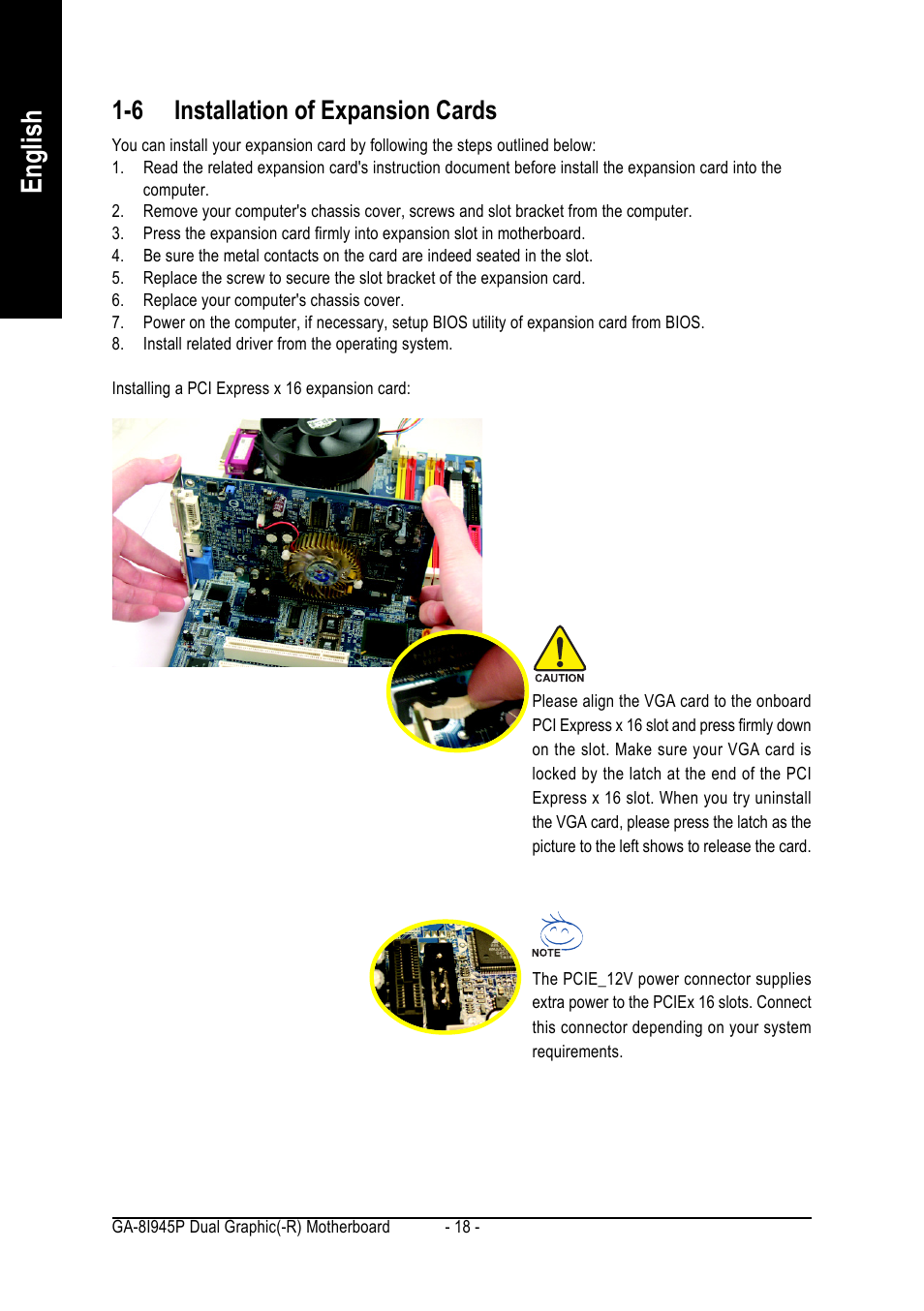 English, 6 installation of expansion cards | chiliGREEN GA-8I945P Duo Graphic User Manual | Page 18 / 88