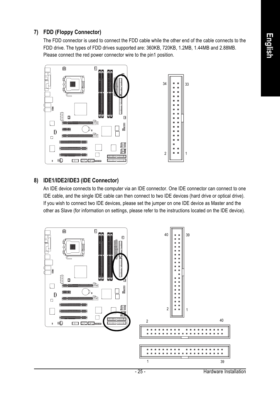 English, 7) fdd (floppy connector), 8) ide1/ide2/ide3 (ide connector) | chiliGREEN GA-8I945P Duo Graphic User Manual | Page 25 / 88