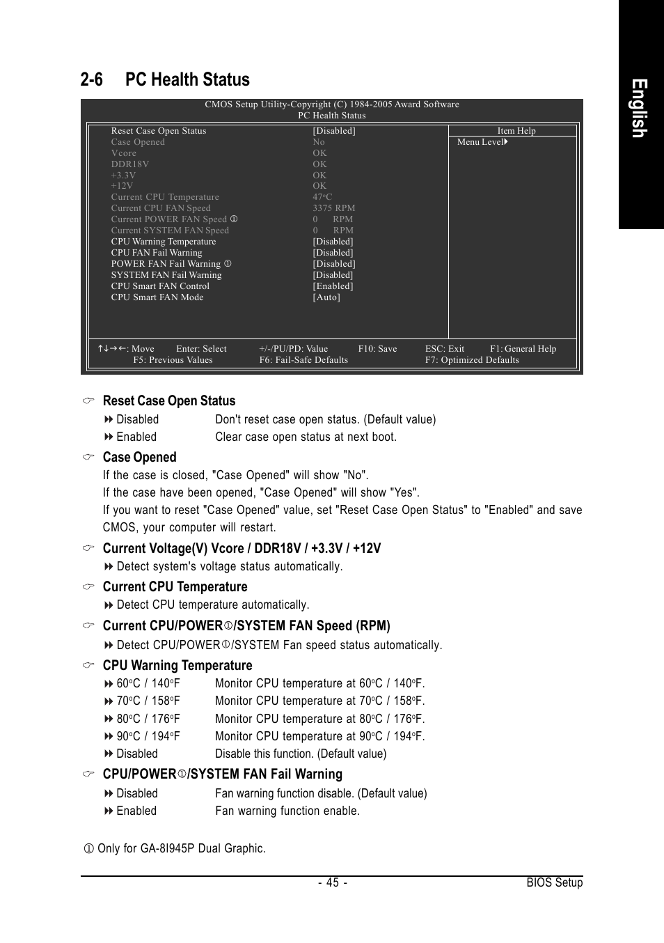 English, 6 pc health status, Reset case open status | Case opened, Current cpu temperature, Current cpu/power /system fan speed (rpm), Cpu warning temperature, Cpu/power /system fan fail warning | chiliGREEN GA-8I945P Duo Graphic User Manual | Page 45 / 88