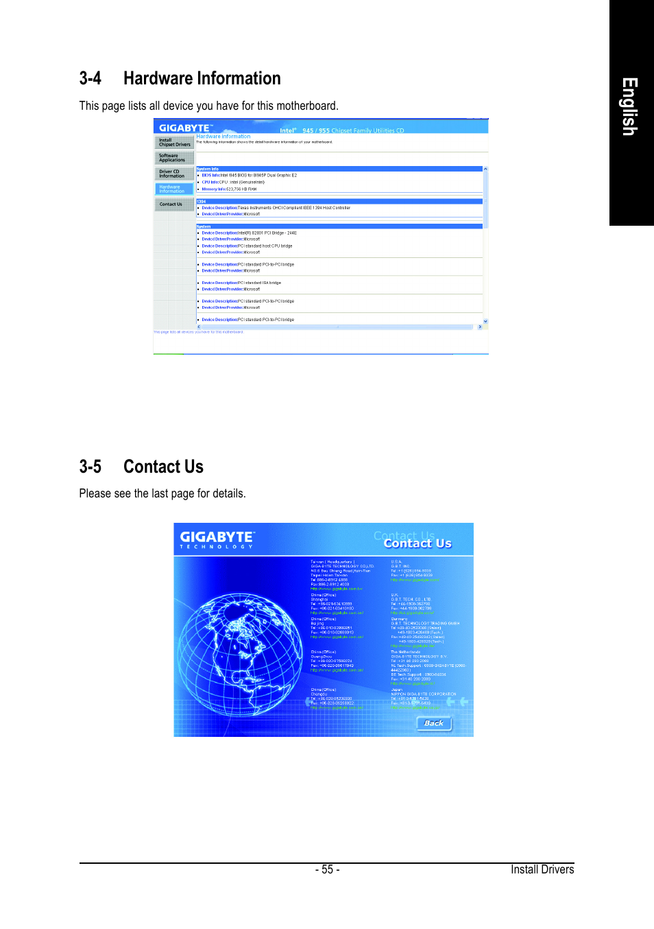 English, 4 hardware information, 5 contact us | chiliGREEN GA-8I945P Duo Graphic User Manual | Page 55 / 88