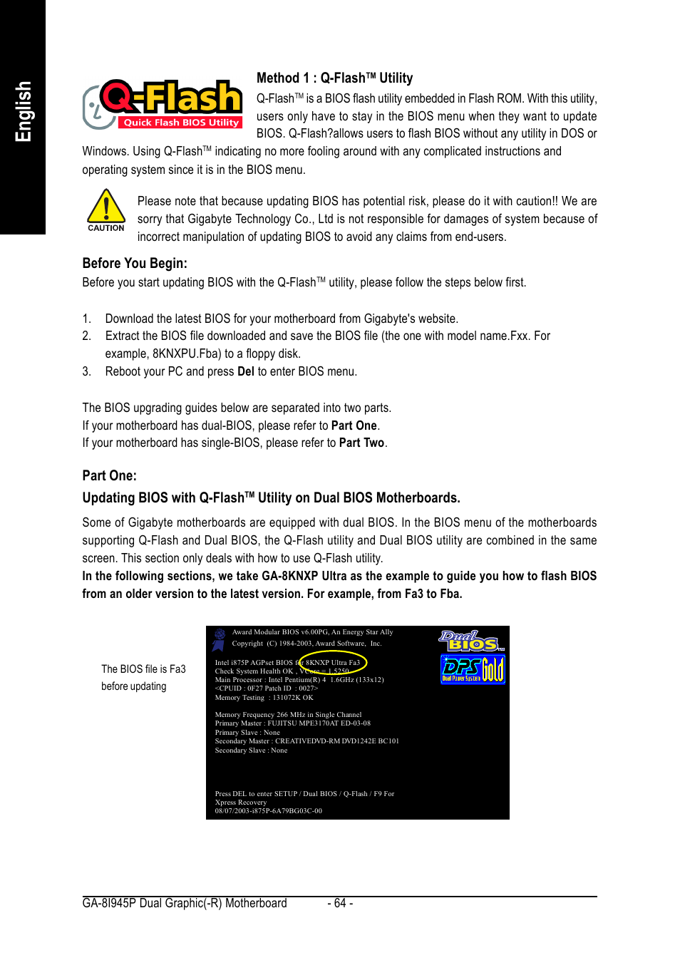 English, Method 1 : q-flash, Utility | Before you begin, Part one: updating bios with q-flash, Utility on dual bios motherboards | chiliGREEN GA-8I945P Duo Graphic User Manual | Page 64 / 88