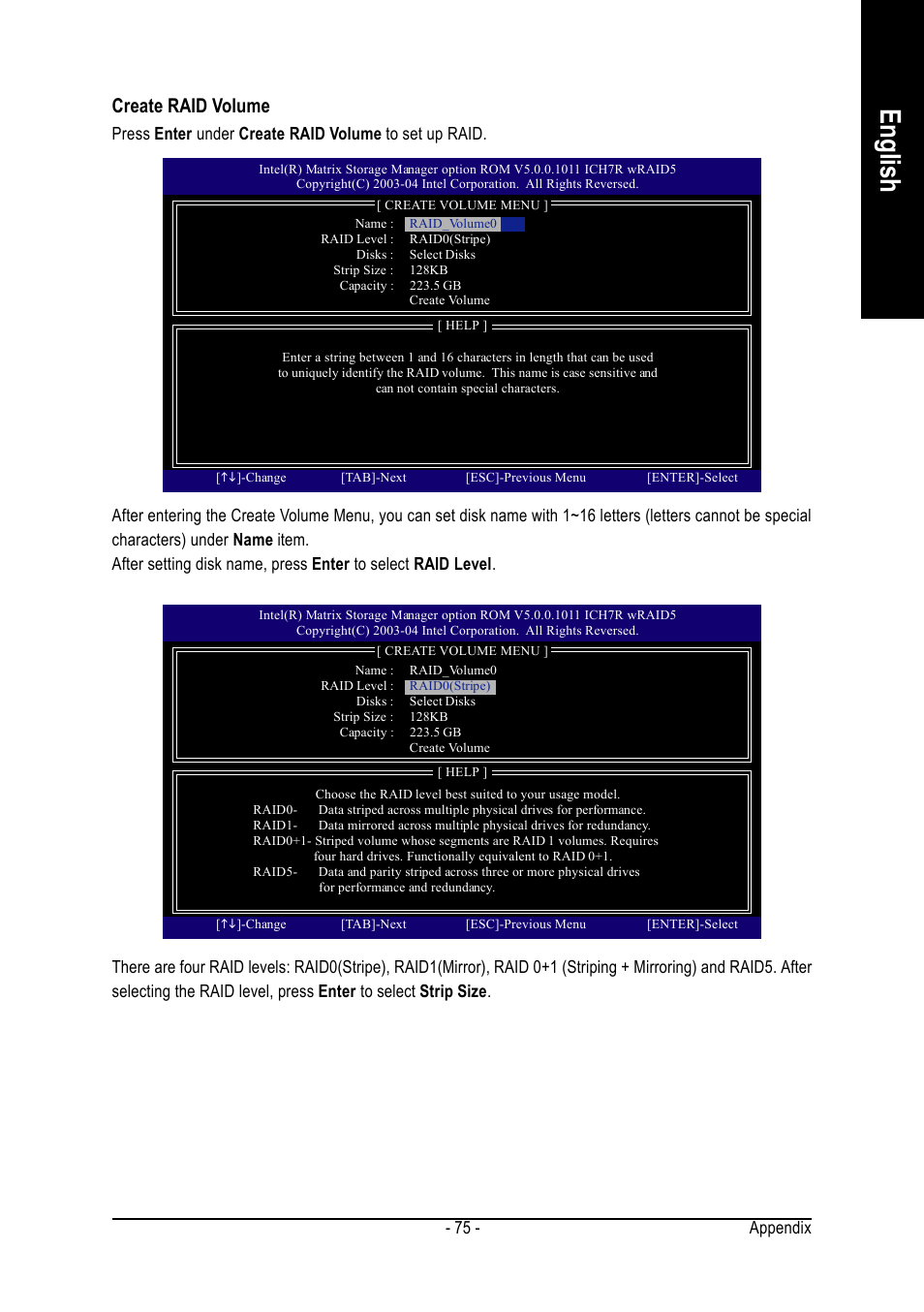 English, Create raid volume, Appendix - 75 | chiliGREEN GA-8I945P Duo Graphic User Manual | Page 75 / 88