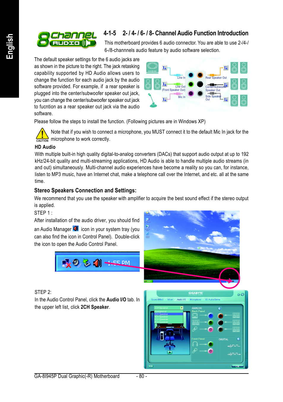 English, Stereo speakers connection and settings | chiliGREEN GA-8I945P Duo Graphic User Manual | Page 80 / 88