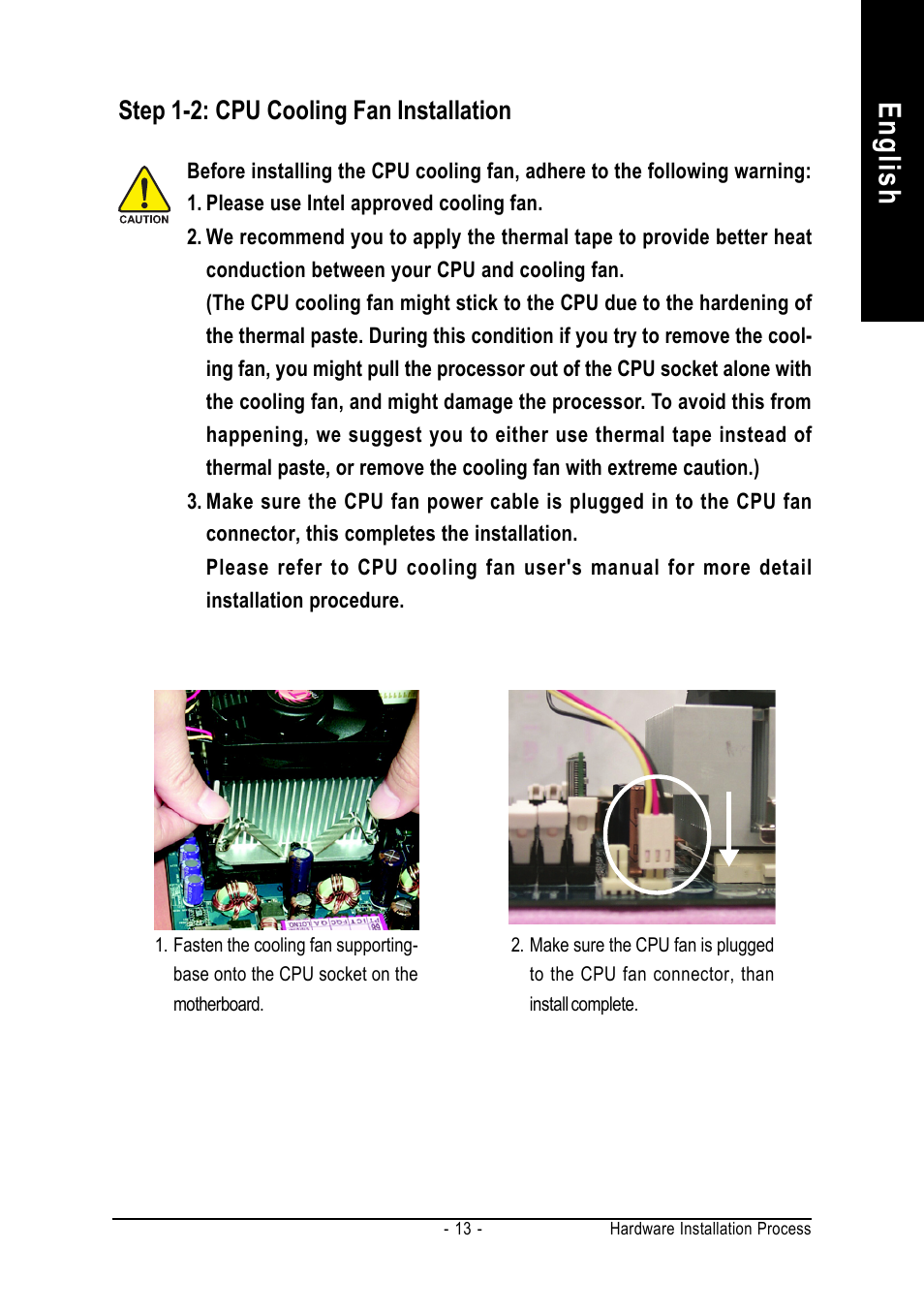 English, Step 1-2: cpu cooling fan installation | chiliGREEN GA-8IPE1000-MK User Manual | Page 17 / 96