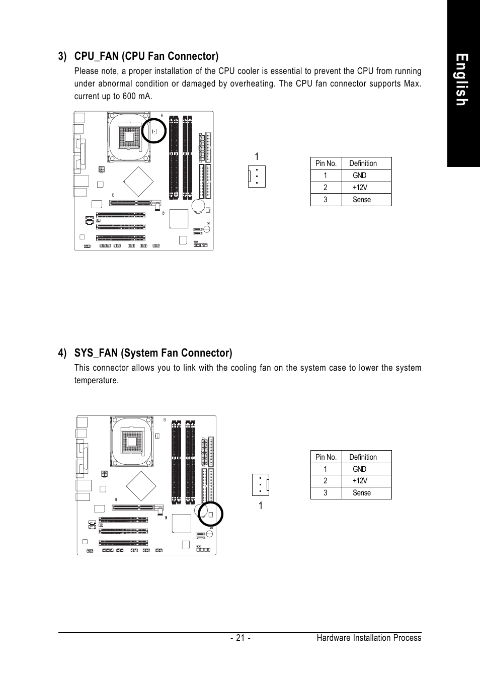 English, 3) cpu_fan (cpu fan connector), 4) sys_fan (system fan connector) | chiliGREEN GA-8IPE1000-MK User Manual | Page 25 / 96