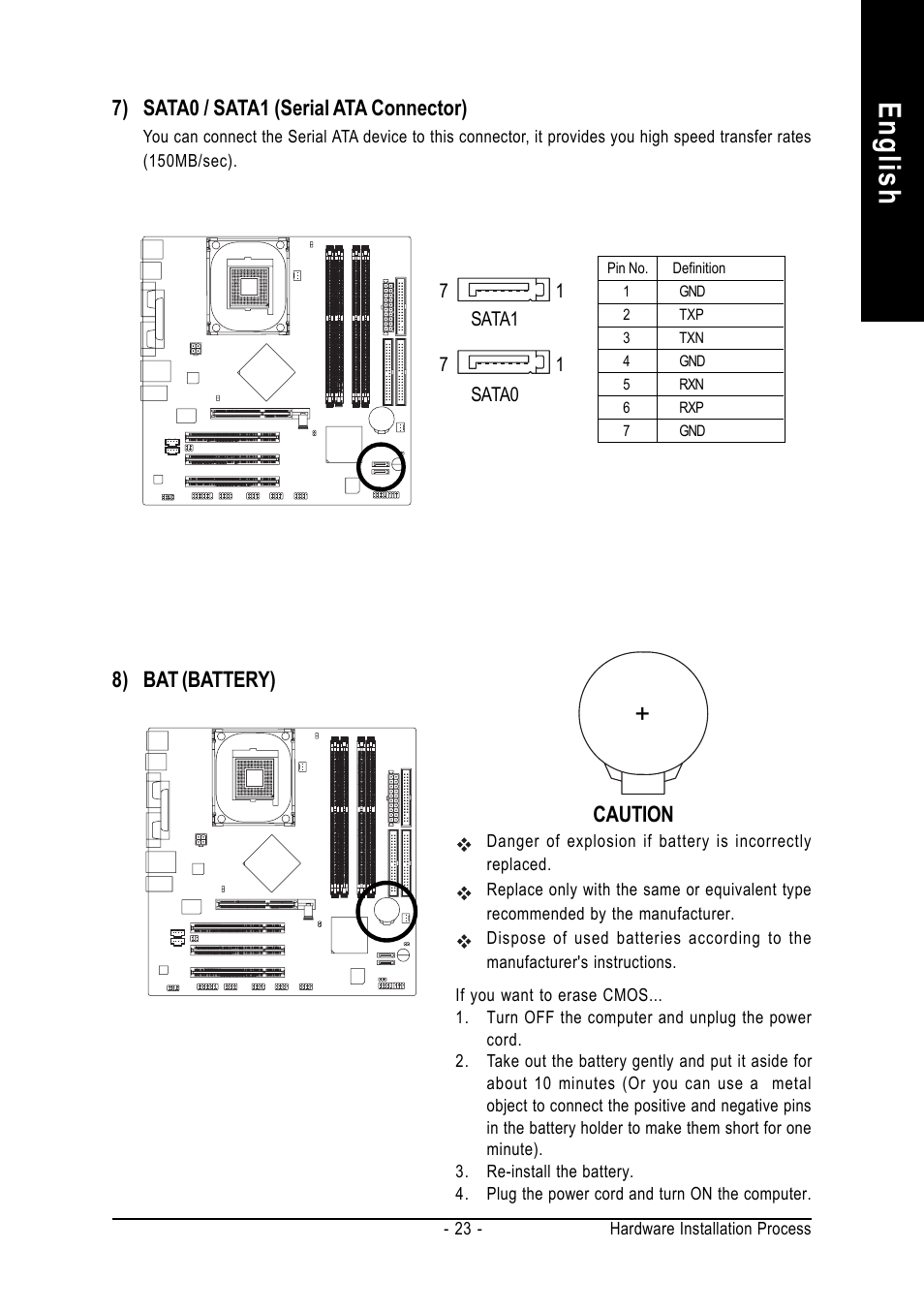 English, 7) sata0 / sata1 (serial ata connector), 8) bat (battery) | Caution | chiliGREEN GA-8IPE1000-MK User Manual | Page 27 / 96