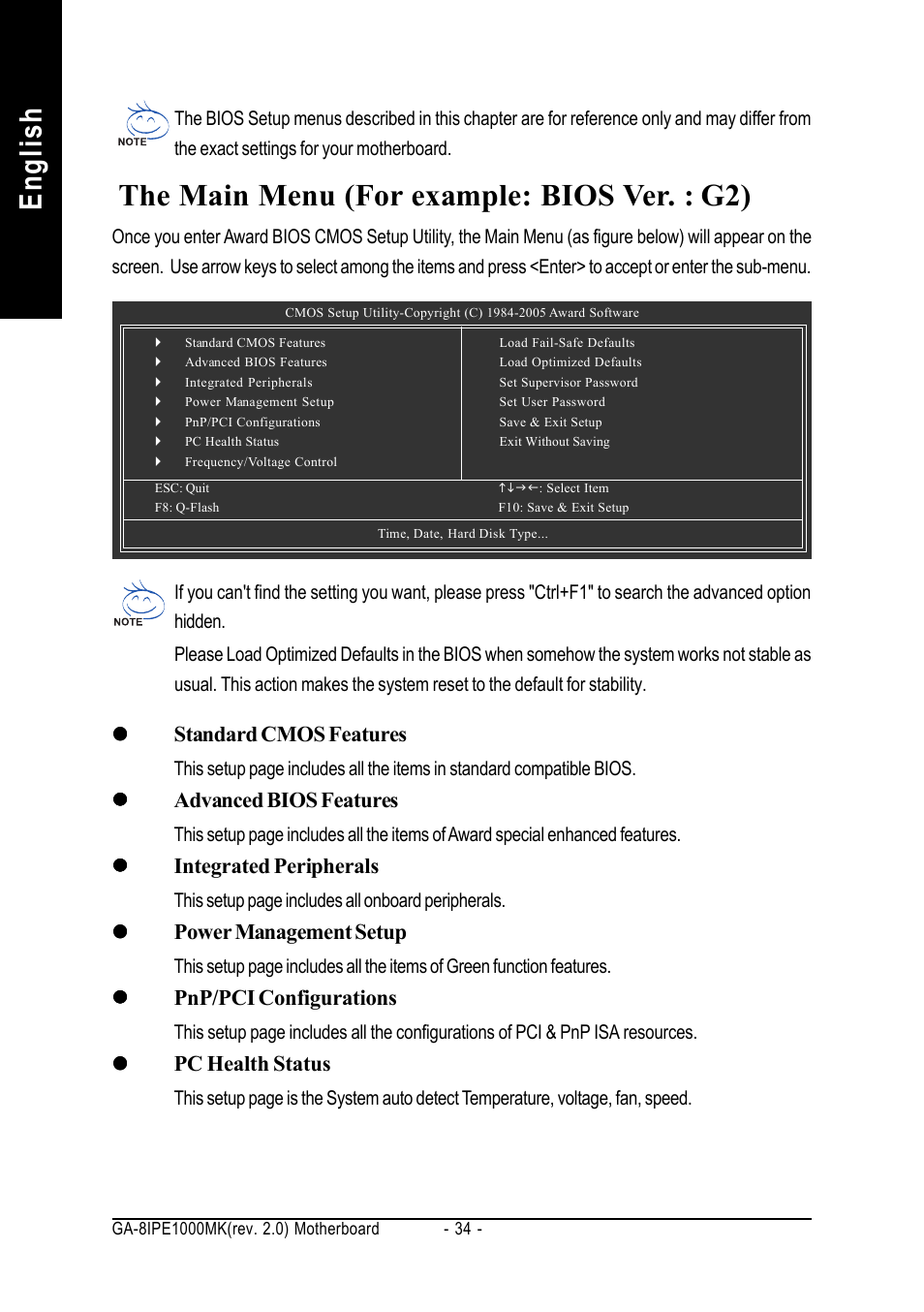 English, The main menu (for example: bios ver. : g2) | chiliGREEN GA-8IPE1000-MK User Manual | Page 38 / 96