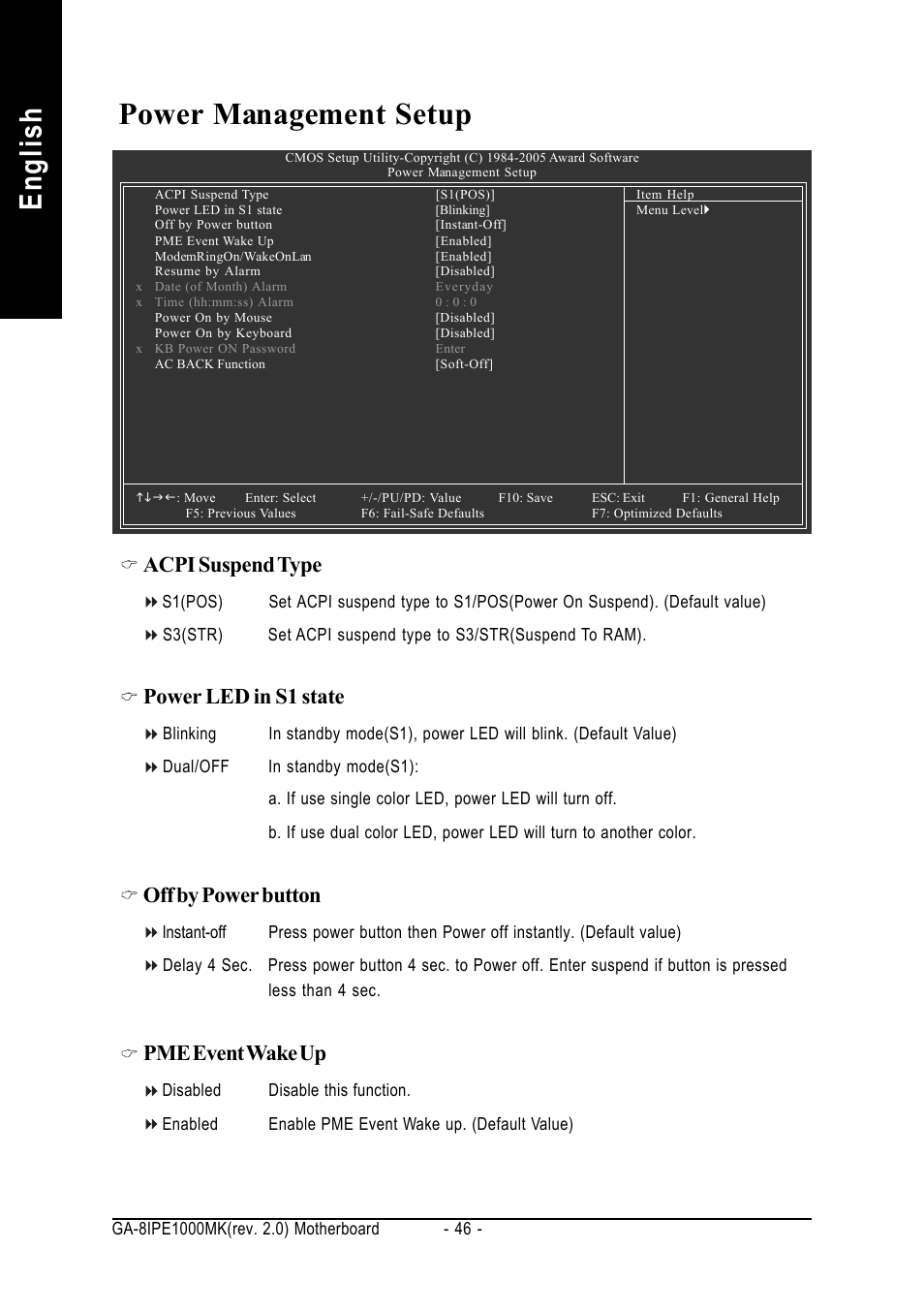 English power management setup, Acpi suspend type, Power led in s1 state | Off by power button, Pme event wake up | chiliGREEN GA-8IPE1000-MK User Manual | Page 50 / 96