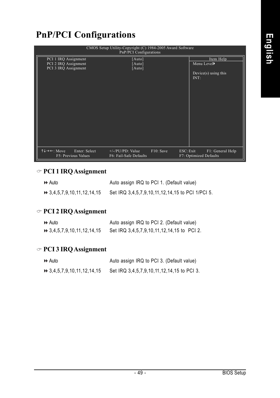 English pnp/pci configurations, Pci 1 irq assignment, Pci 2 irq assignment | Pci 3 irq assignment | chiliGREEN GA-8IPE1000-MK User Manual | Page 53 / 96