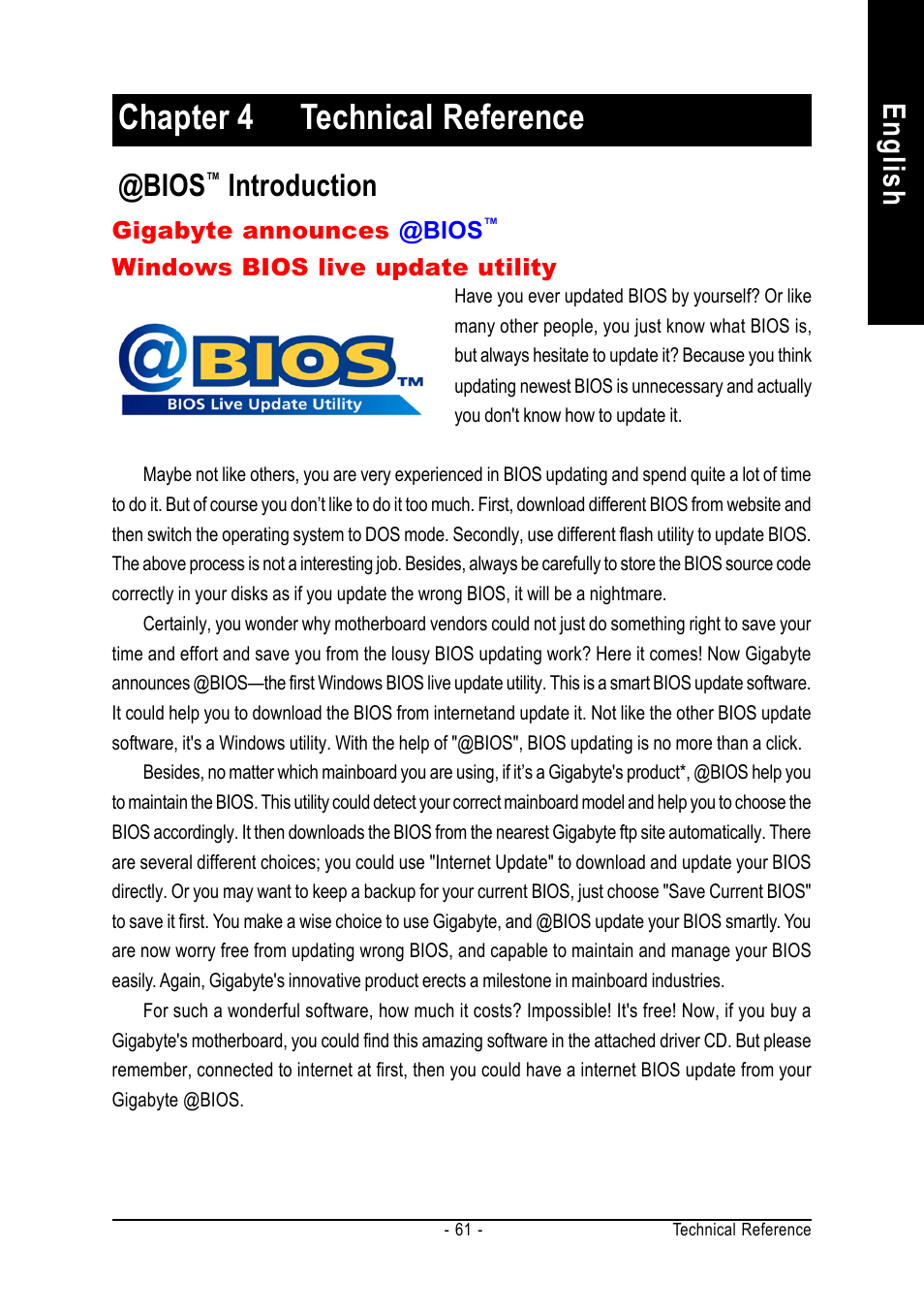 Chapter 4 technical reference, English @bios, Introduction | chiliGREEN GA-8IPE1000-MK User Manual | Page 65 / 96