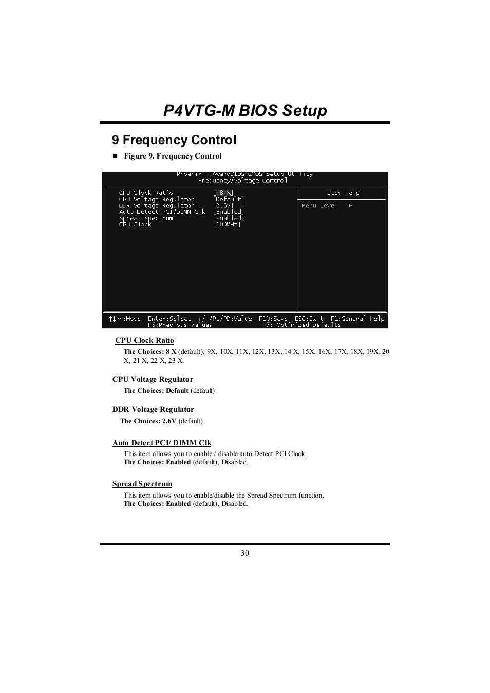 P4vtg-m bios setup, 9 frequency control | chiliGREEN P4VTGM User Manual | Page 55 / 56