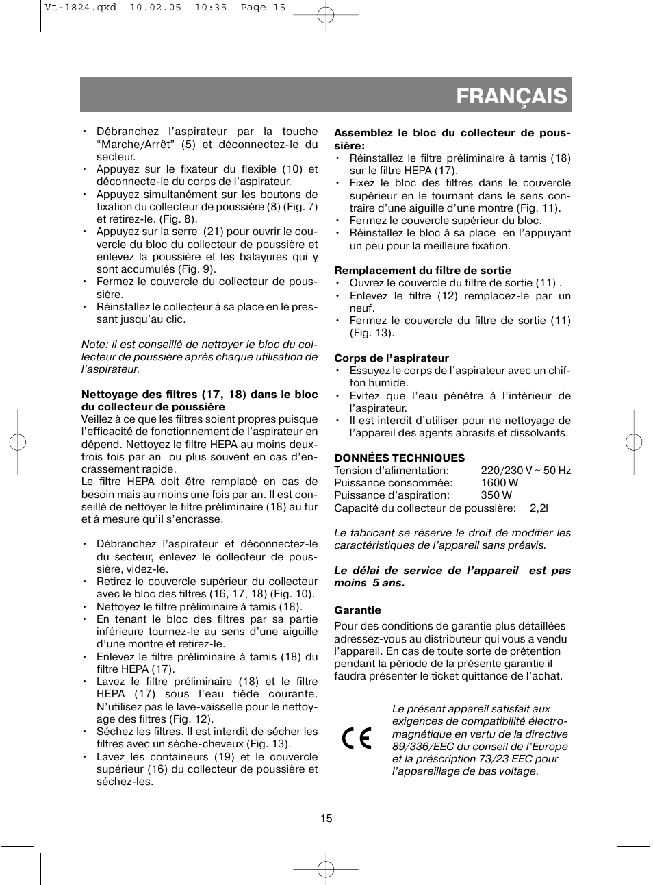 Français | Vitek VT-1824 User Manual | Page 15 / 44