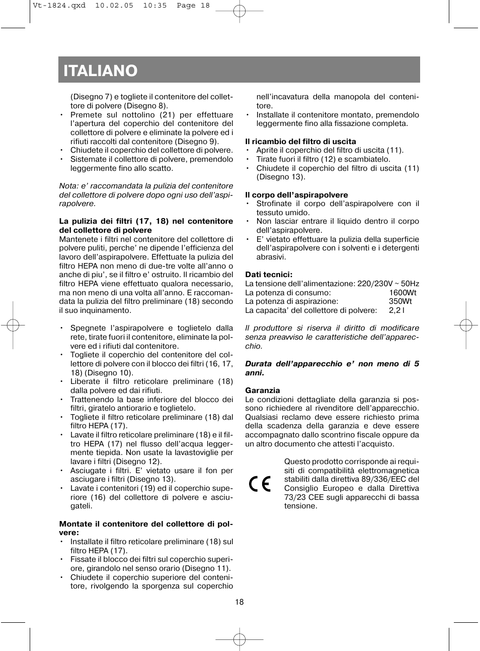 Italiano | Vitek VT-1824 User Manual | Page 18 / 44