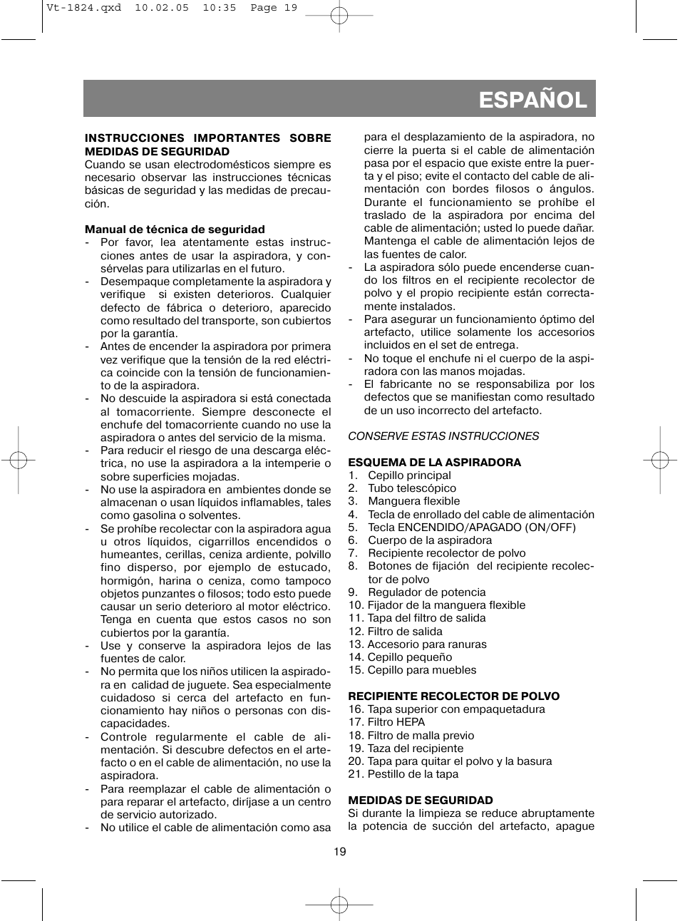Español | Vitek VT-1824 User Manual | Page 19 / 44