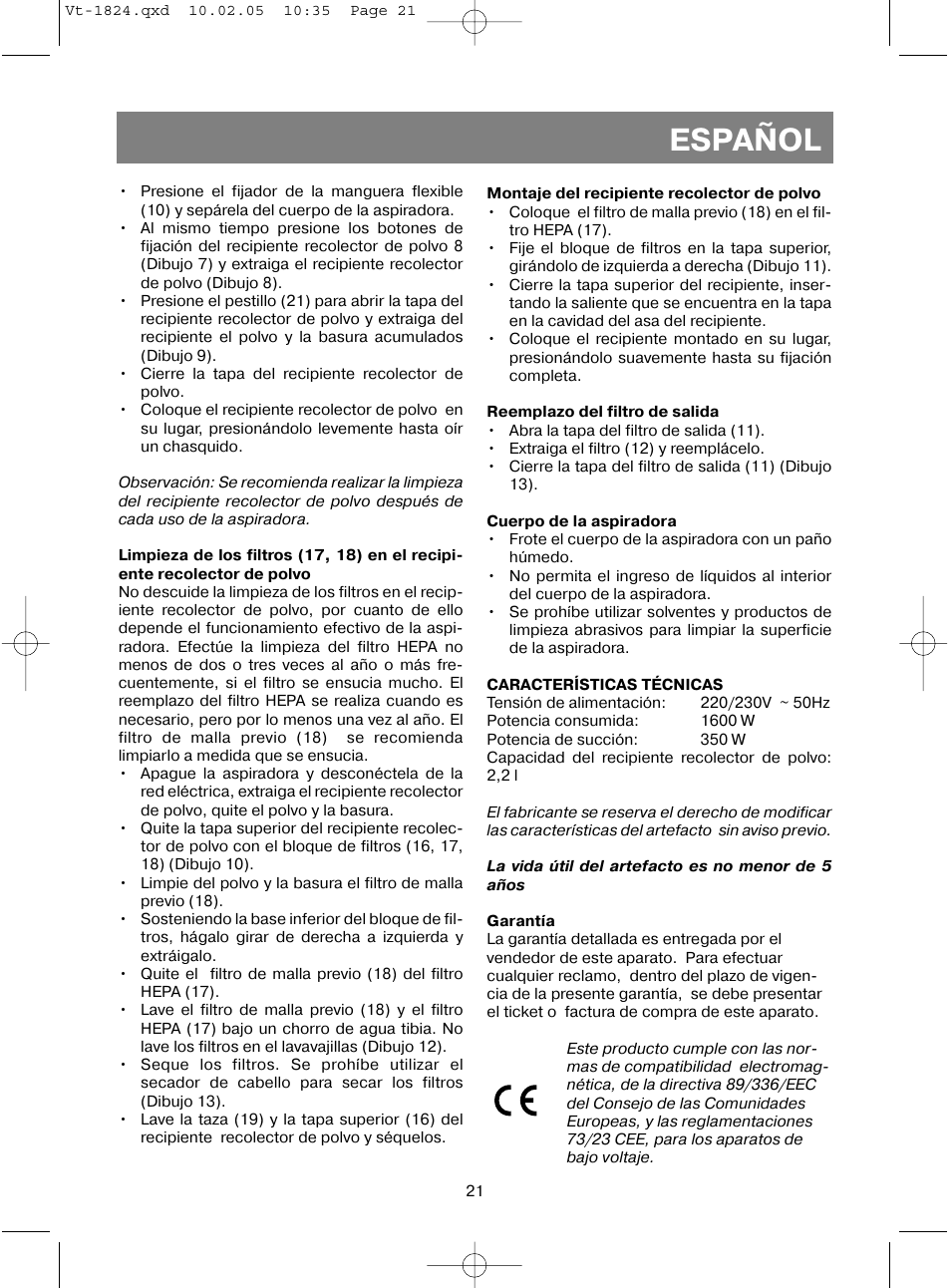 Español | Vitek VT-1824 User Manual | Page 21 / 44