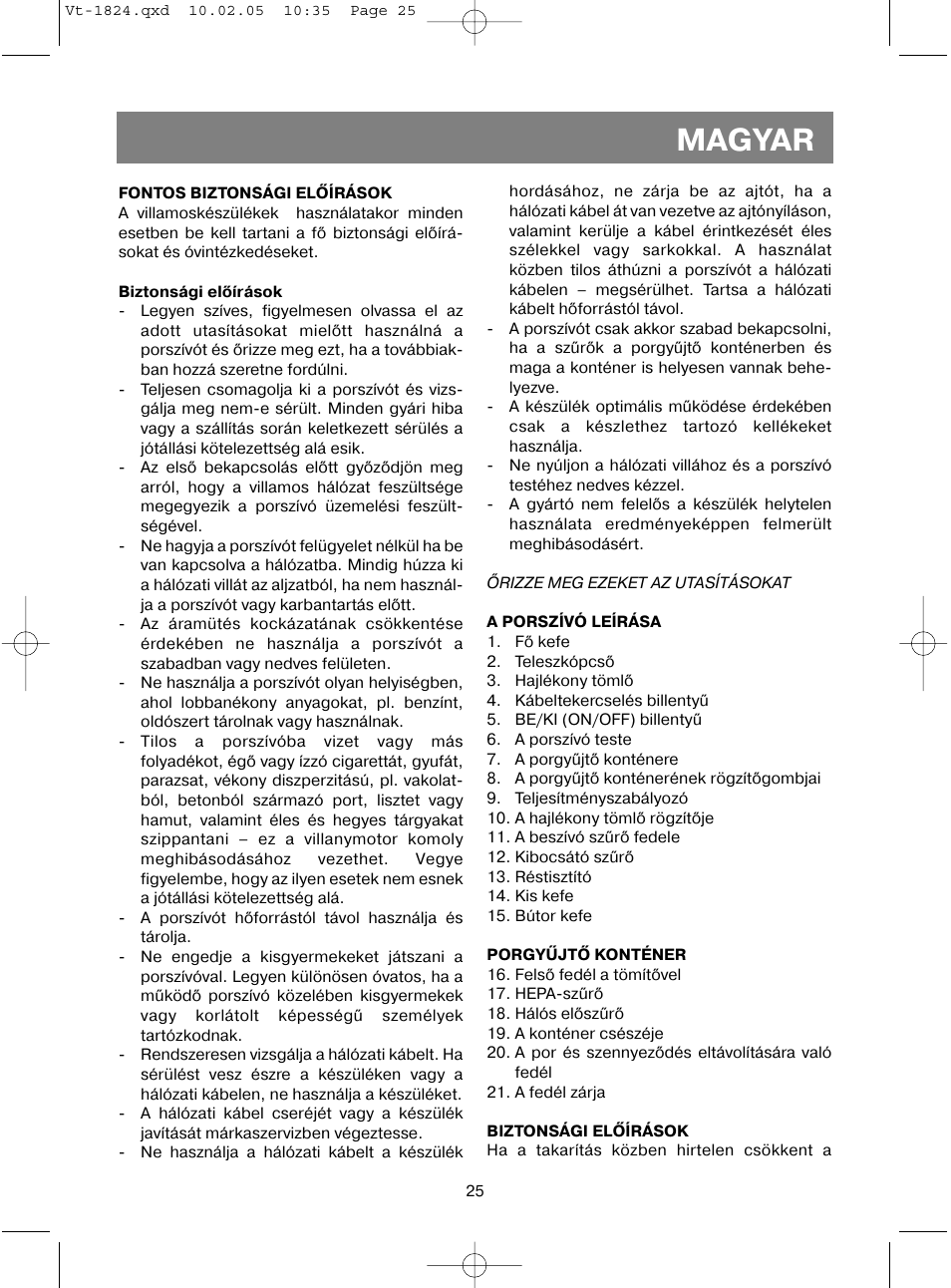Magyar | Vitek VT-1824 User Manual | Page 25 / 44