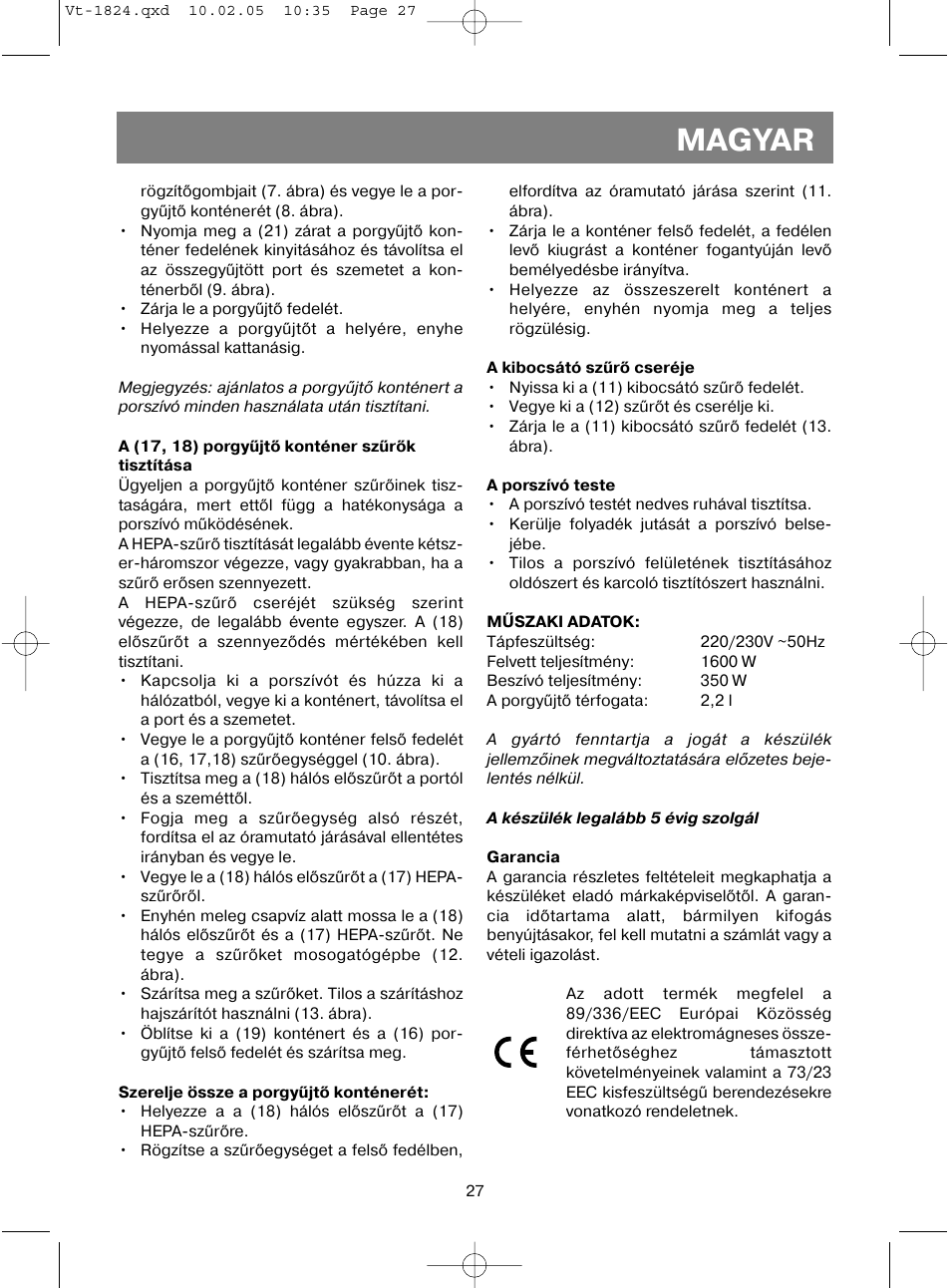 Magyar | Vitek VT-1824 User Manual | Page 27 / 44