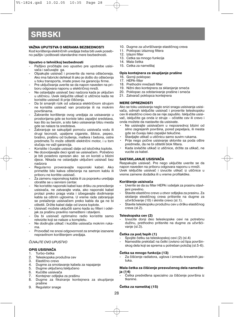 Srbski | Vitek VT-1824 User Manual | Page 28 / 44