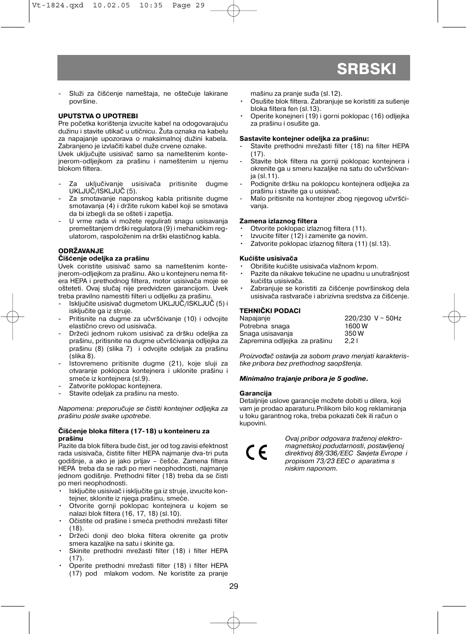 Srbski | Vitek VT-1824 User Manual | Page 29 / 44