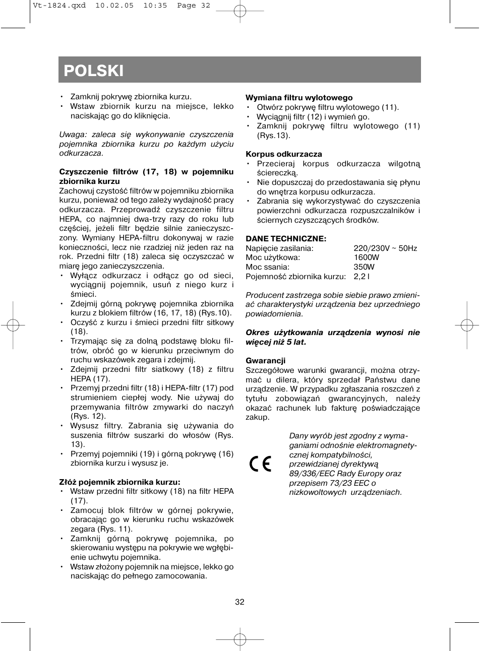 Polski | Vitek VT-1824 User Manual | Page 32 / 44