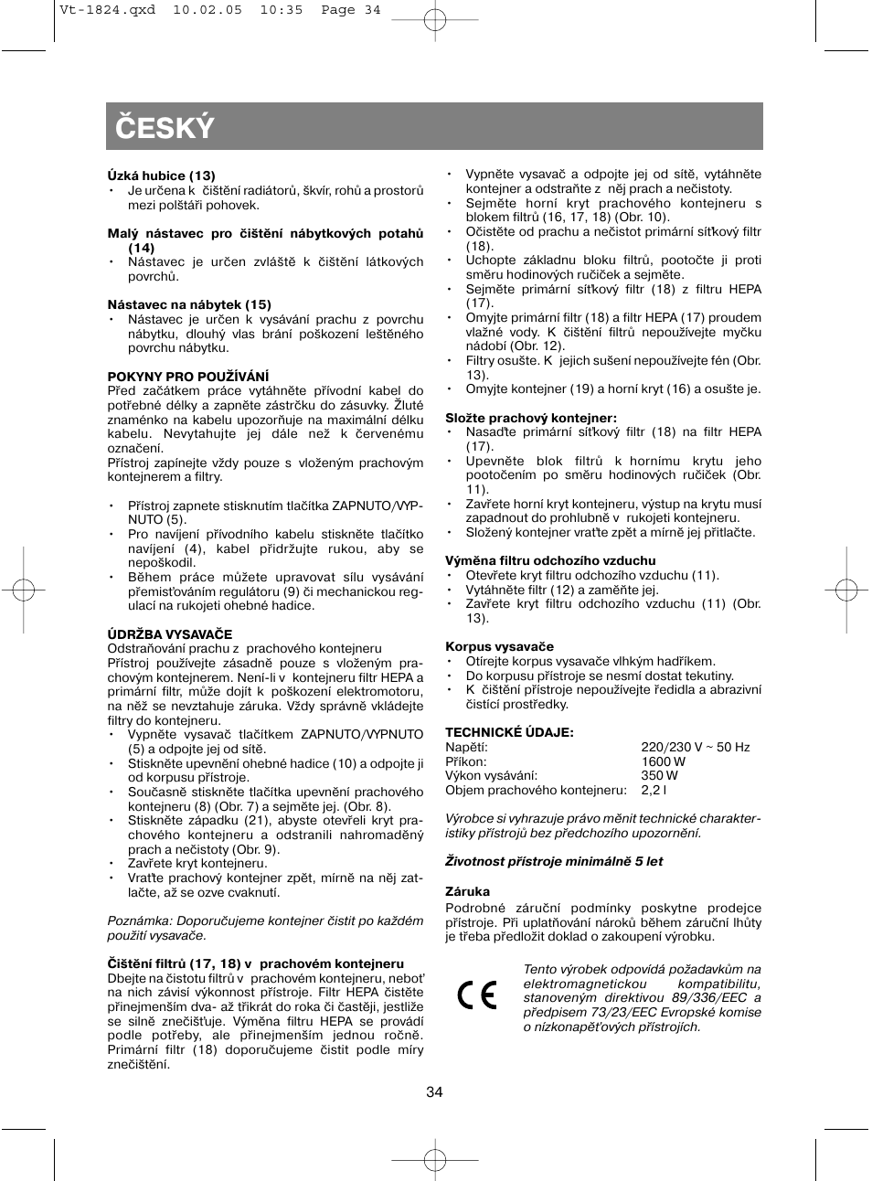 Èeský | Vitek VT-1824 User Manual | Page 34 / 44