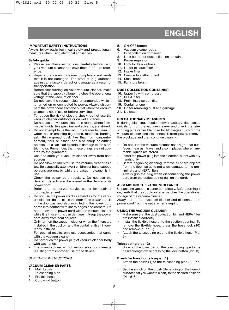 English | Vitek VT-1824 User Manual | Page 5 / 44