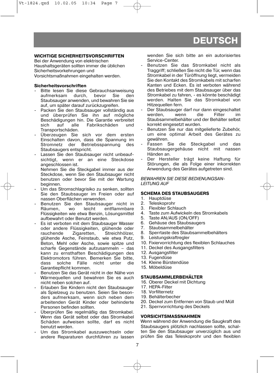 Deutsch | Vitek VT-1824 User Manual | Page 7 / 44