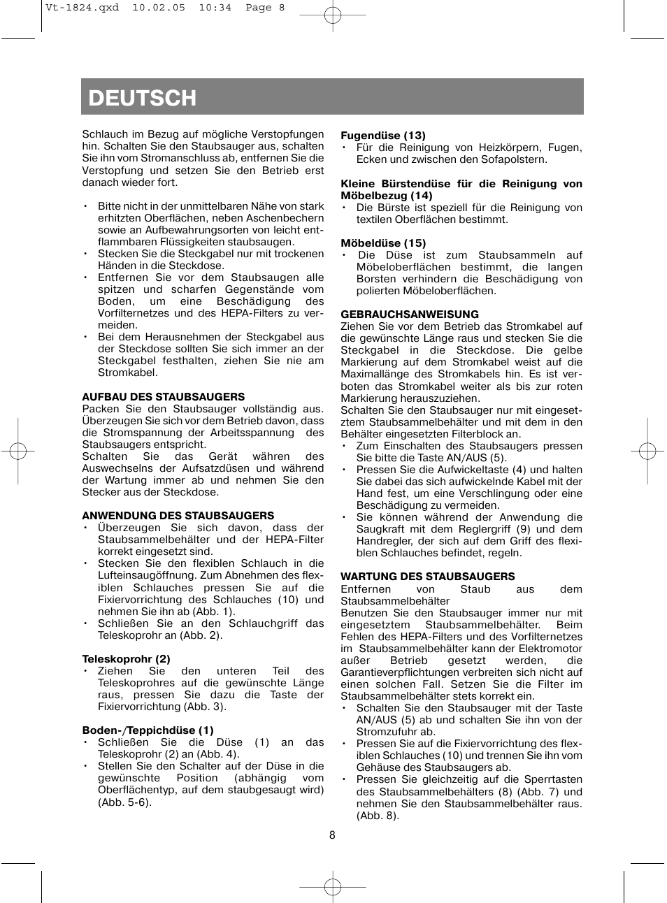Deutsch | Vitek VT-1824 User Manual | Page 8 / 44