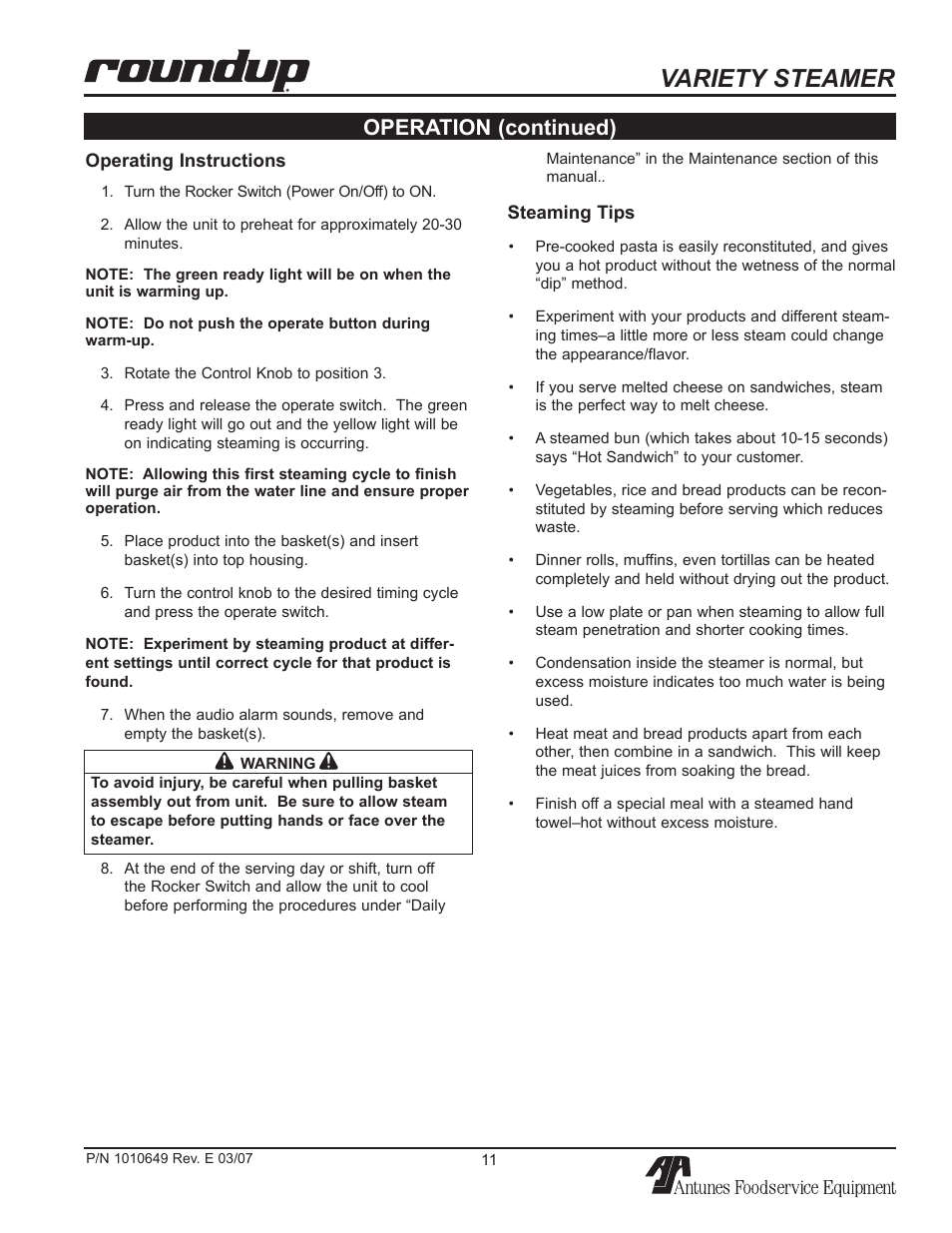 Variety steamer, Operation (continued) | Antunes, AJ VS-200aSb User Manual | Page 11 / 24