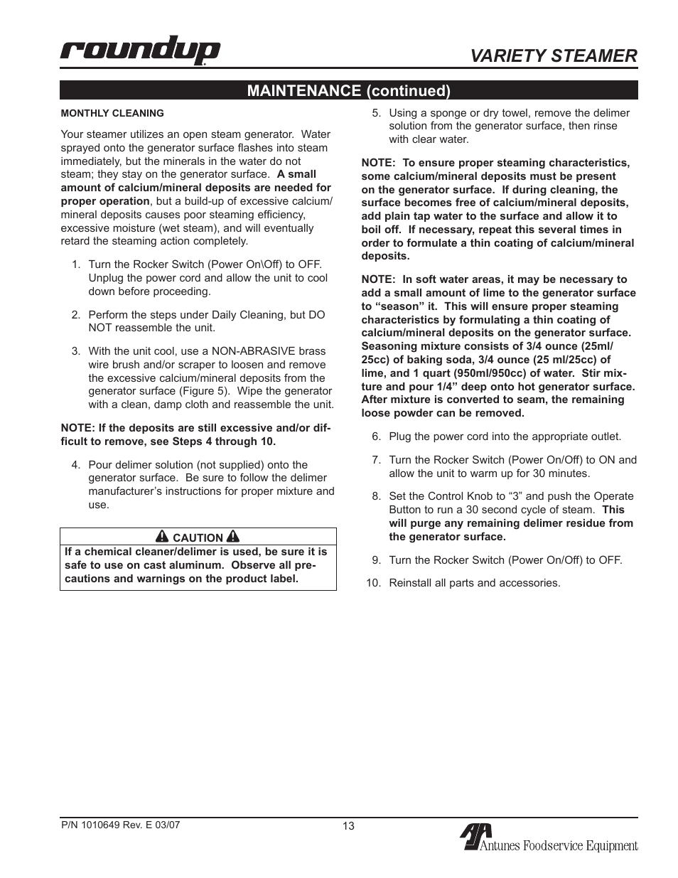 Variety steamer, Maintenance (continued) | Antunes, AJ VS-200aSb User Manual | Page 13 / 24