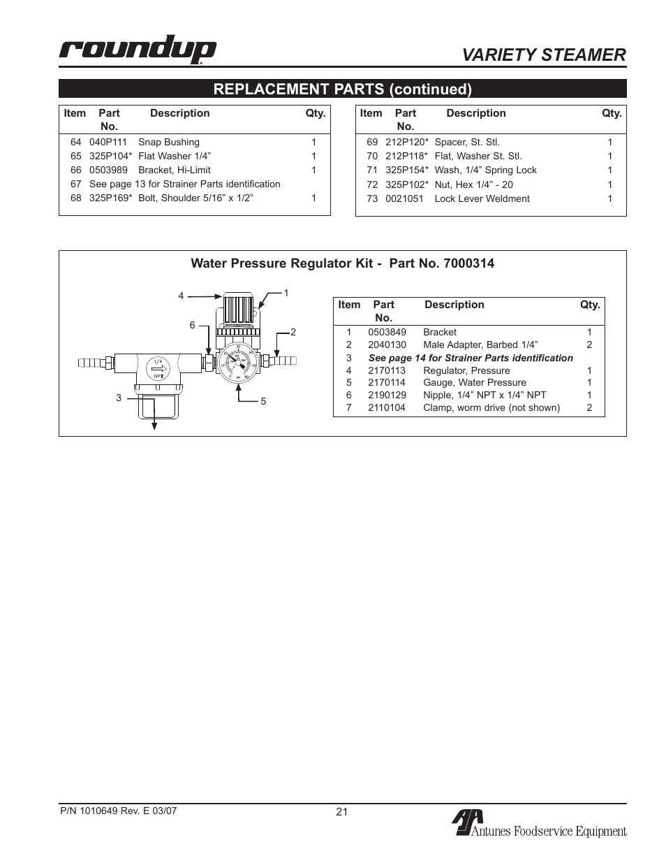 Variety steamer, Replacement parts (continued) | Antunes, AJ VS-200aSb User Manual | Page 21 / 24