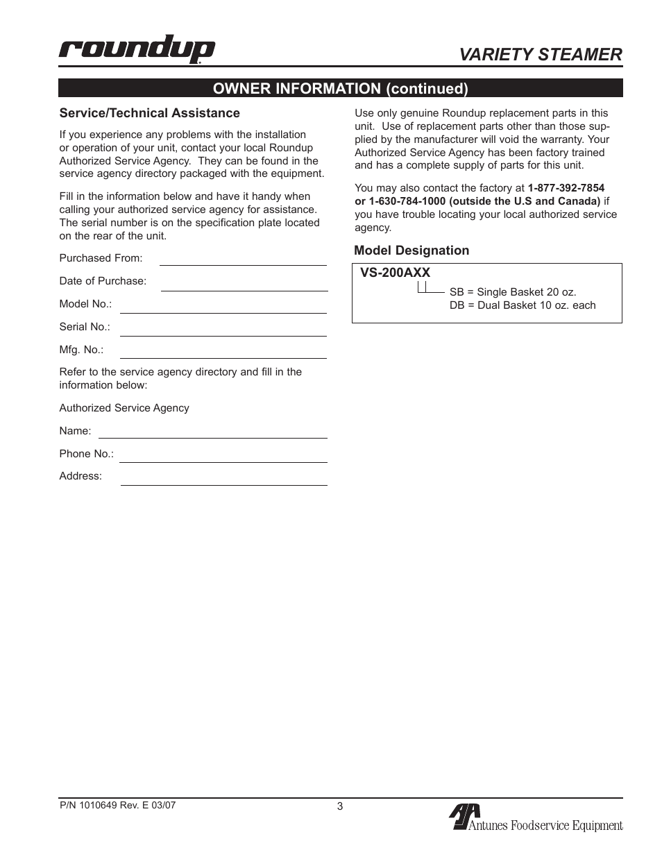 Variety steamer, Owner information (continued) | Antunes, AJ VS-200aSb User Manual | Page 3 / 24
