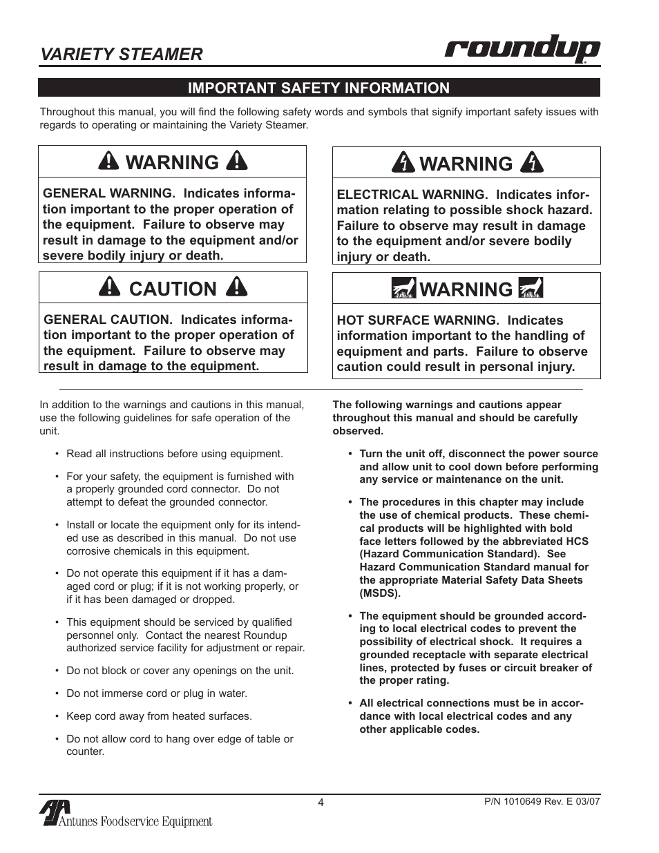 Warning, Caution, Variety steamer | Important safety information | Antunes, AJ VS-200aSb User Manual | Page 4 / 24