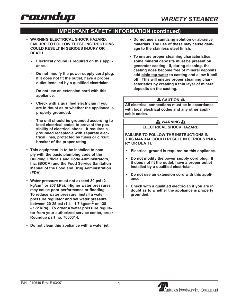 Variety steamer, Important safety information (continued) | Antunes, AJ VS-200aSb User Manual | Page 5 / 24