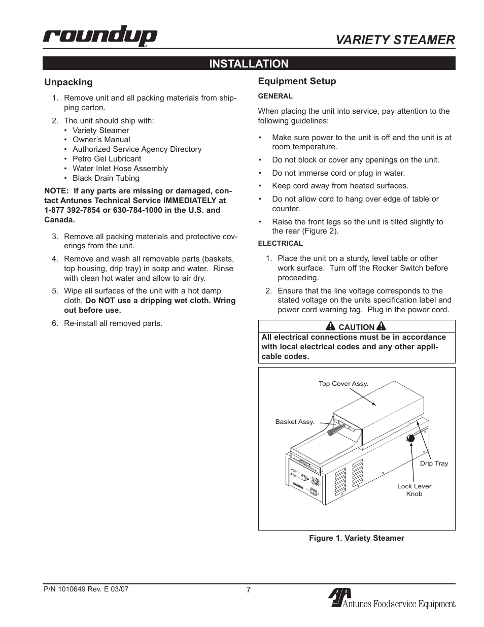 Variety steamer, Installation, Unpacking | Equipment setup | Antunes, AJ VS-200aSb User Manual | Page 7 / 24