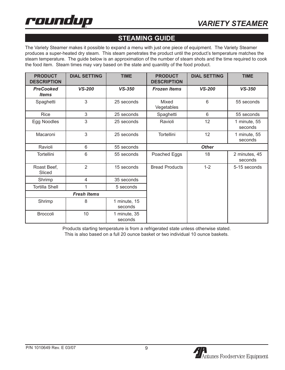 Variety steamer, Steaming guide | Antunes, AJ VS-200aSb User Manual | Page 9 / 24