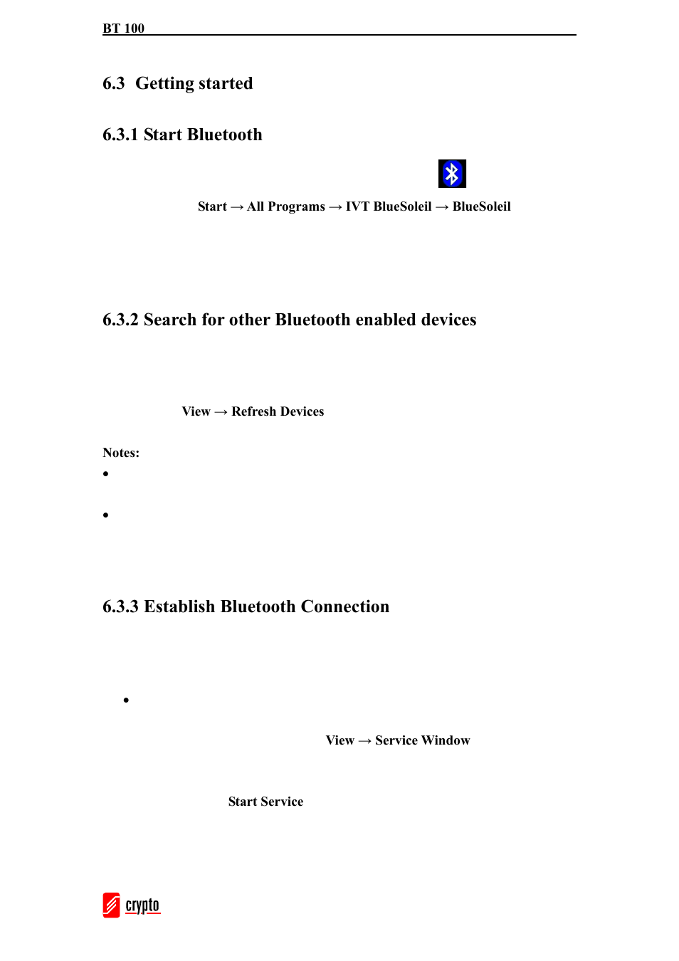 3 getting started 6.3.1 start bluetooth, 2 search for other bluetooth enabled devices, 3 establish bluetooth connection | chiliGREEN BT100 User Manual | Page 13 / 37