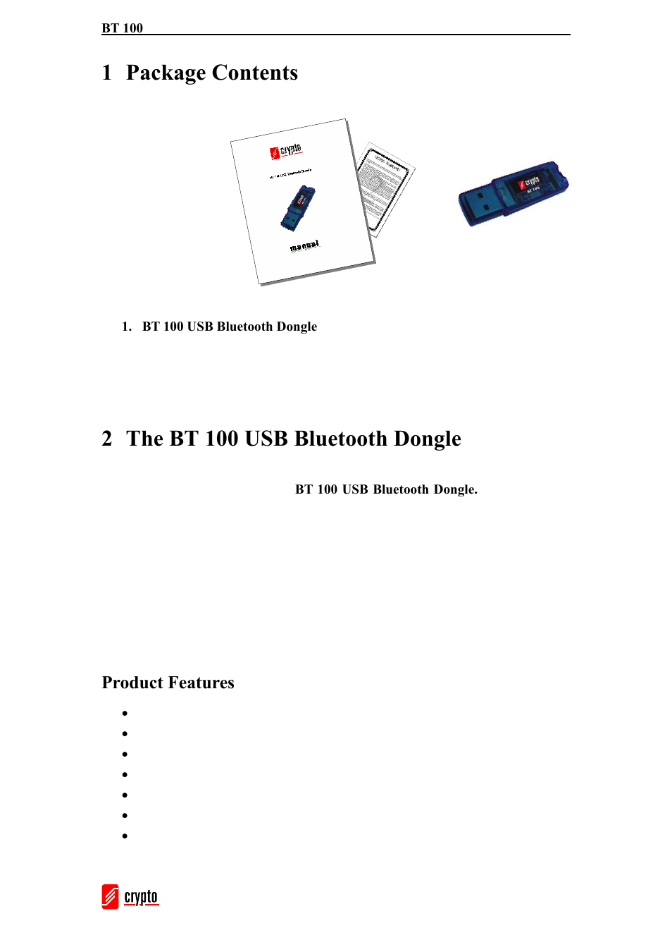 1 package contents, 2 the bt 100 usb bluetooth dongle, Product features | chiliGREEN BT100 User Manual | Page 3 / 37